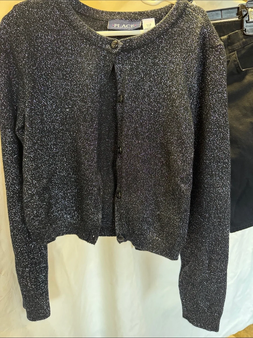 The Children's Place Black Sparkle Crewneck Cardigan and black shorts💕